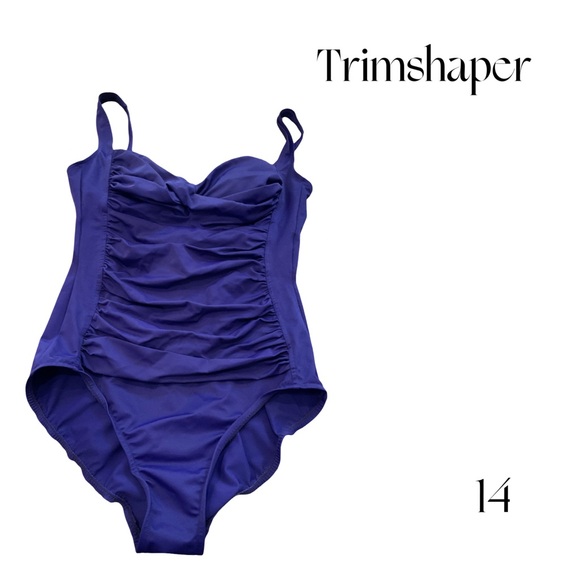 Trimshaper Ruched Purple One Piece Swimsuit 14 Slimming Adjustable Straps - Picture 3 of 10